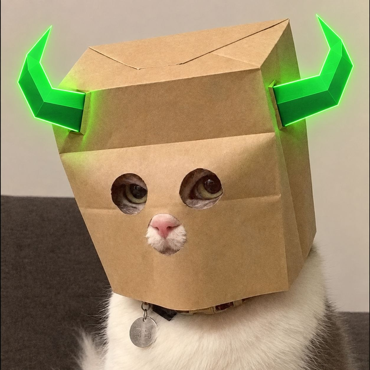 $ZANSEM mascot: a cat wearing a kraft paper bag with glowing green horns